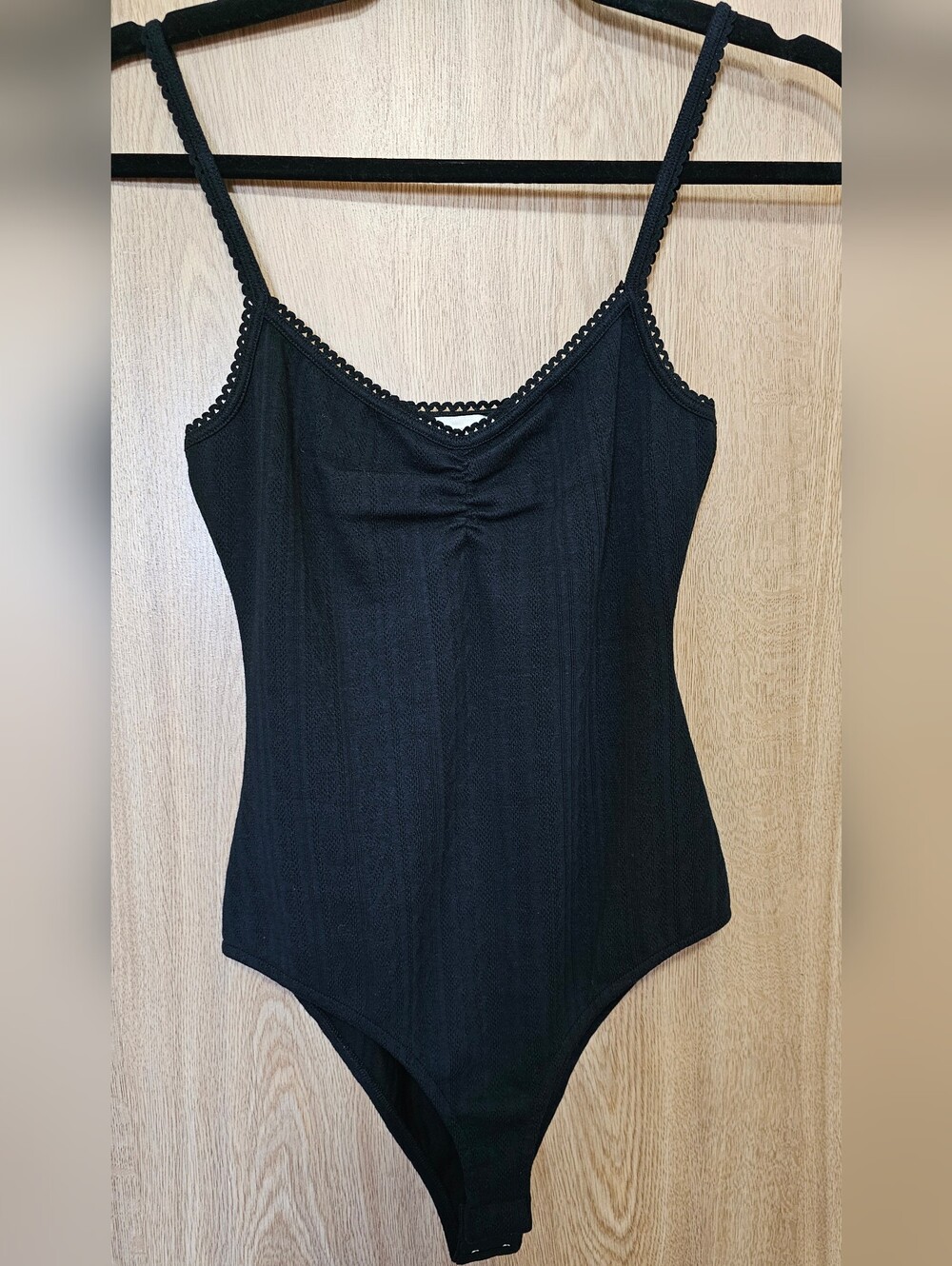 Sezane Black Ribbed Lace-Trim Bodysuit